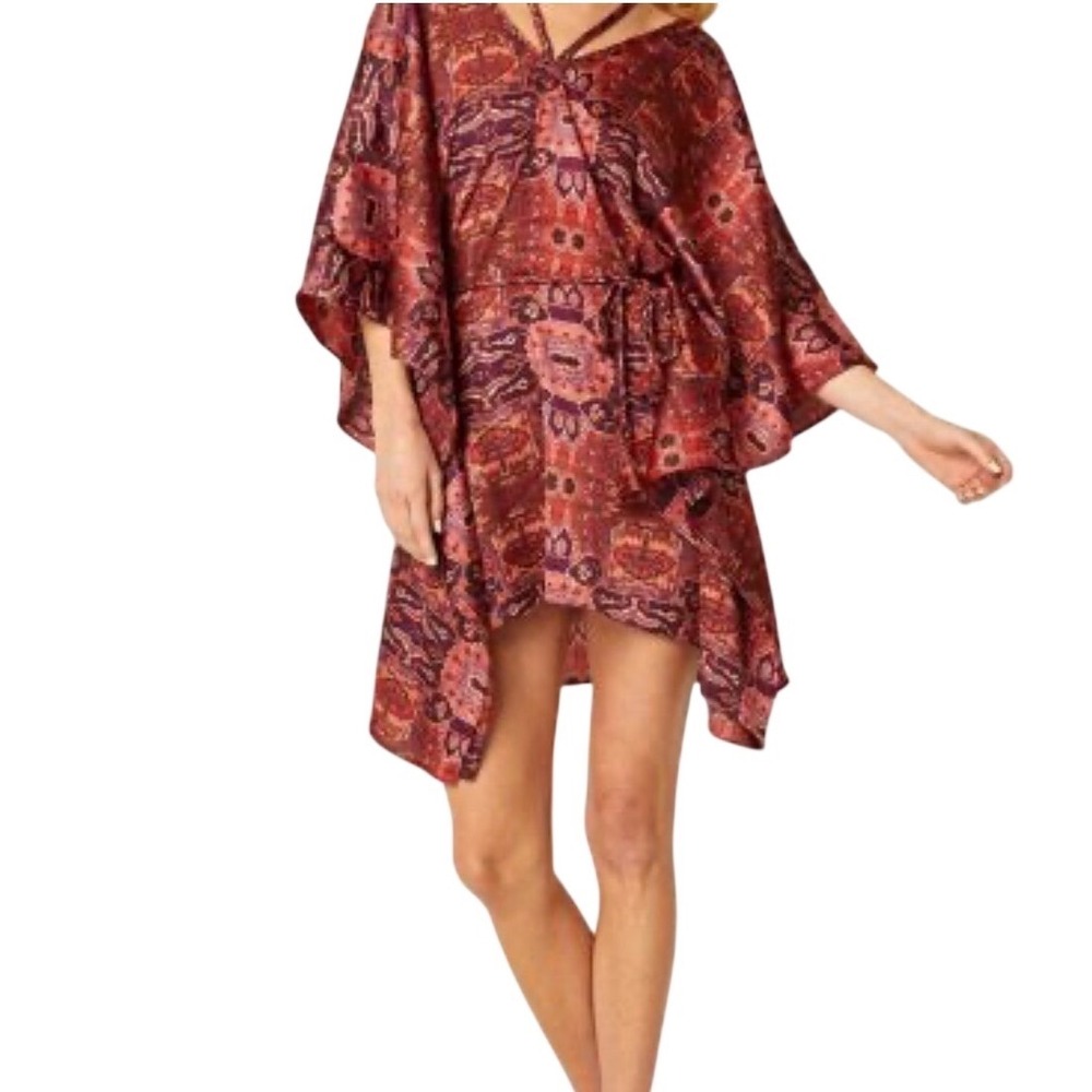 MISA Los Angeles Santos Mini Dress Septima Tapestry Satin Kimono Halter Red M